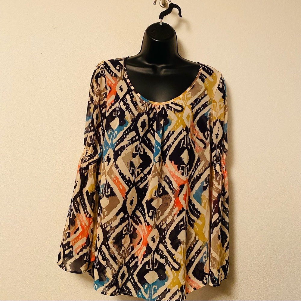 Blu Pepper Flared Sleeve Multi colored Blouse Bohemian Romantic Vintage Size M
